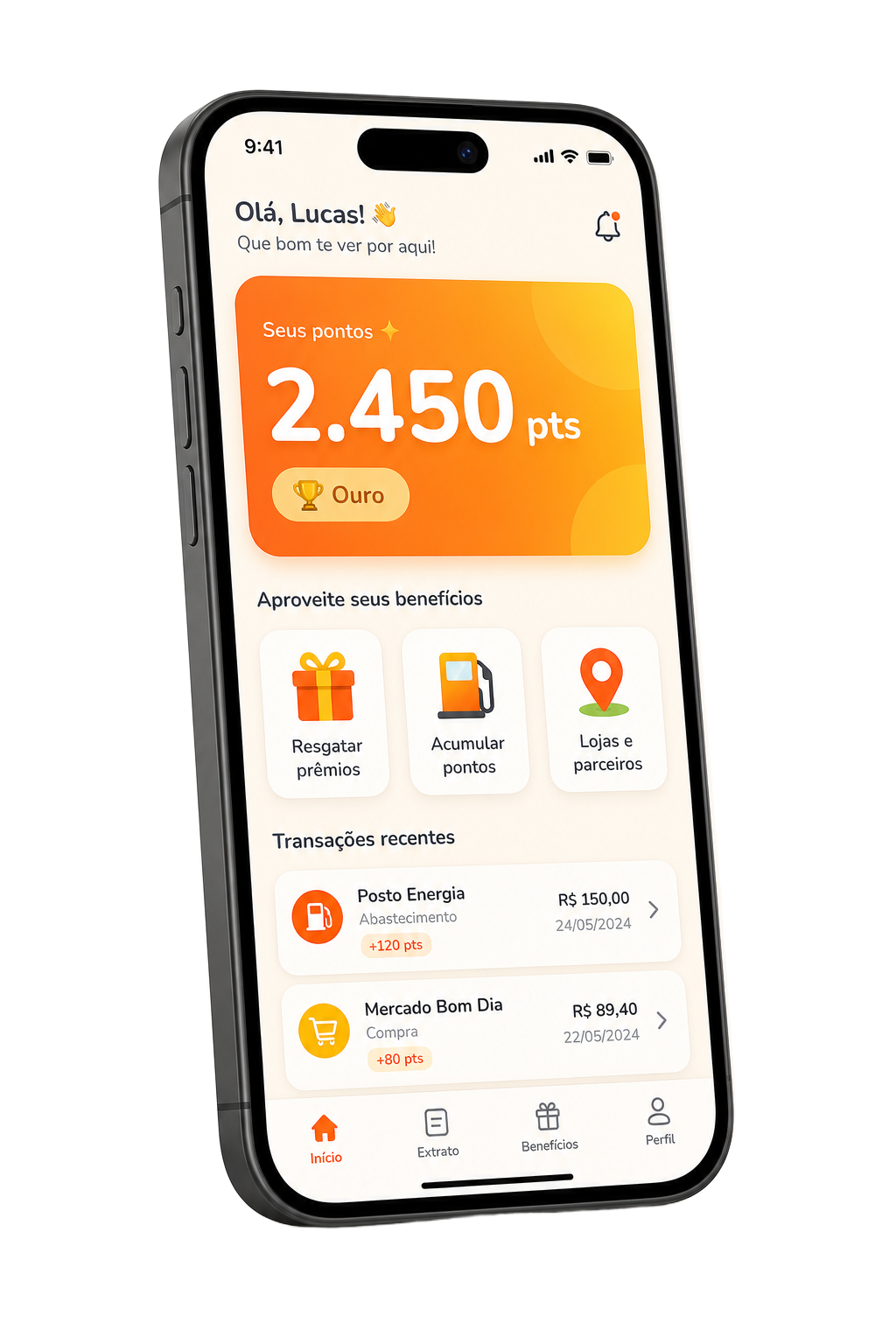 App Clube Acelera mostrando saldo de pontos e benefícios
